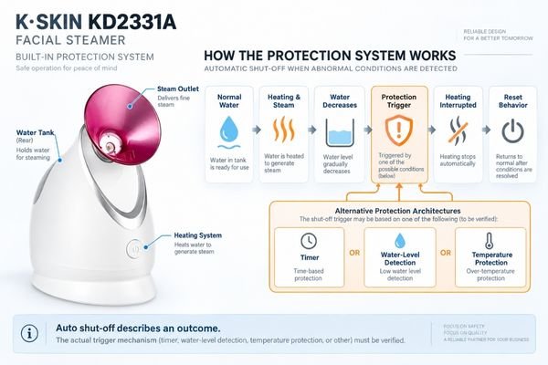 Facial steamer protection system showing normal steaming, low-water condition, protection trigger, heater shut-off and reset behavior