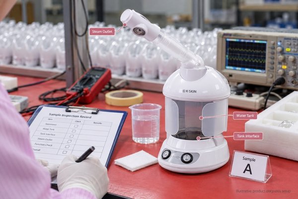 Facial steamer leakage diagnosis for buyers Facial steamer sample being evaluated for water leakage with tank, nozzle, water path and inspection record visible