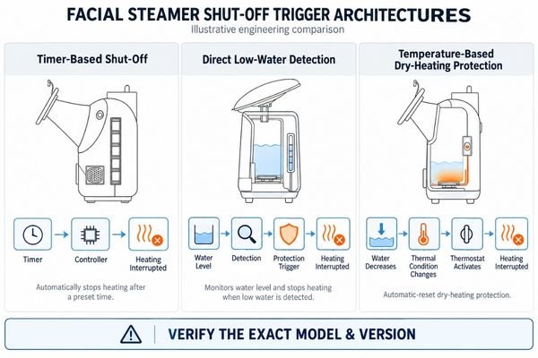 Diagram comparing facial steamer timer shut-off, direct water-level detection and temperature-based dry-heating protection