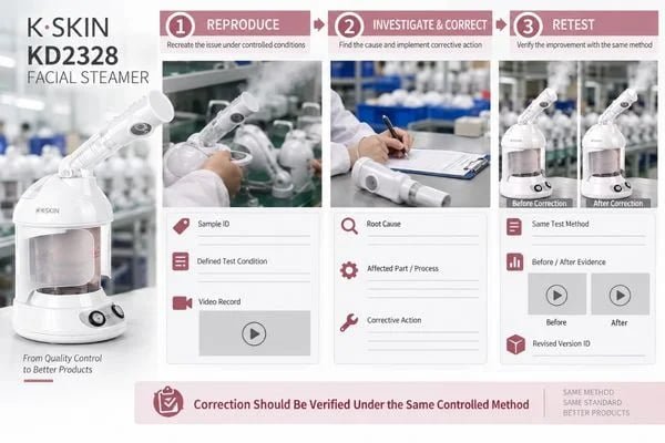Facial Steamer Spitting Corrective Evidence Facial steamer abnormal spitting corrective-action evidence with before-and-after controlled retest
