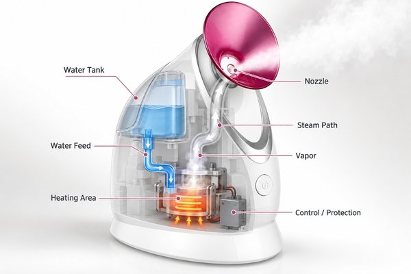 Facial steamer steam generation system overview Image showing a facial steamer cutaway with water tank, water feed, heating area, steam path, nozzle, heat flow, and steam flow