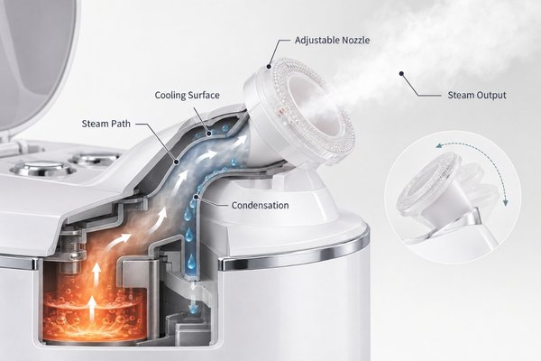 Facial steamer steam path nozzle and condensation Image showing warm water vapor moving through a facial steamer channel, cooling near internal surfaces, forming condensation droplets, and exiting through the nozzle