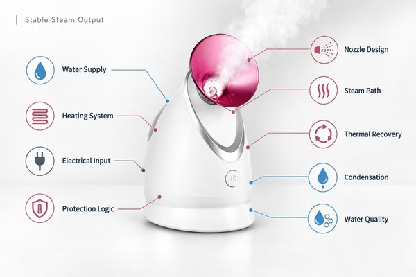 Variables affecting facial steamer steam stability Image showing water supply, heater, electrical input, steam path, nozzle, condensation, water quality, and protection logic surrounding stable steam output