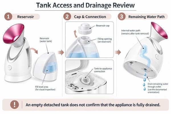 Tank access and drainage review Separate review points for the reservoir, cap connection and appliance drain path
