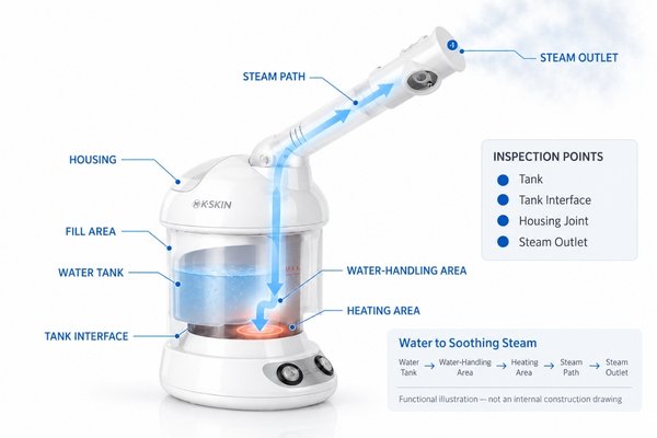 Facial steamer water path and leakage points Exploded facial steamer water system showing tank, seal, tank interface, water path, heating area, steam path and nozzle