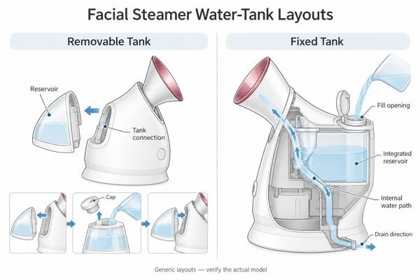 Facial steamer water-tank layouts Comparison of user-removable and integrated facial steamer reservoir layouts