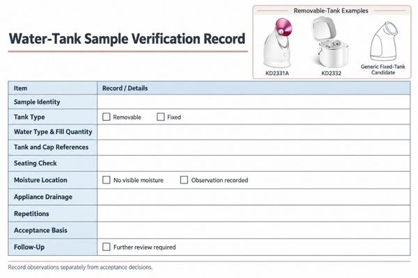 Water-tank sample verification record Buyer sample record for tank seating, moisture observations and drainage checks