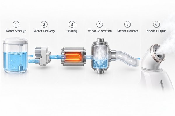 Facial steamer water to steam process Image showing the six-stage water-to-steam path from water storage and feed to heating, vapor generation, steam transfer, and nozzle output