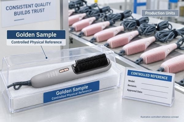 Golden sample sealed and identified beside production-intent components, approval label and inspection reference records