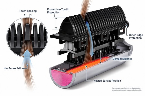 Technical cross section comparing protective tooth height, heated tooth position, spacing, outer-edge protection and contact distance