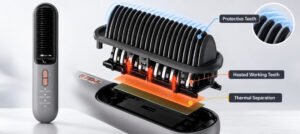 K·SKIN KD382B hair straightener brush showing protective comb teeth and heated working structure for anti-scald design verification