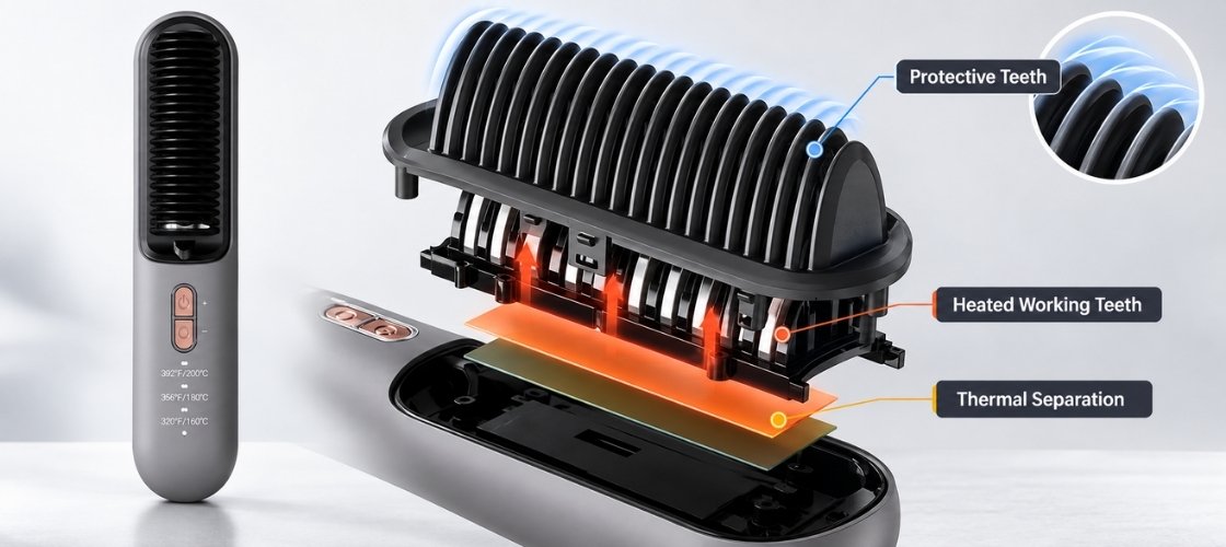 K·SKIN KD382B hair straightener brush showing protective comb teeth and heated working structure for anti-scald design verification