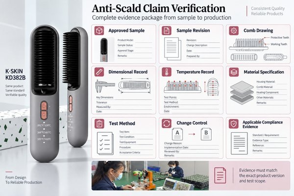 Hair straightener brush anti-scald evidence package with approved sample, dimensional drawing, temperature record and change-control documents