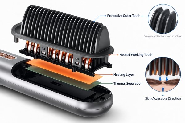 Cutaway hair straightener brush head showing protective teeth, heated working teeth, thermal separation and skin-accessible surfaces