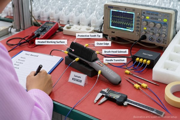 Hair straightener brush anti-scald verification with caliper measurements, thermocouples and defined surface temperature points