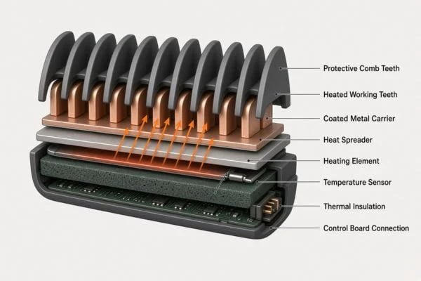 Straightener brush heating system components Image showing a cutaway straightener brush head with labeled heater, aluminum carrier, temperature sensor, control board, insulation, and comb teeth