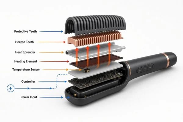 Hair straightener brush heating system overview Image showing an exploded hair straightener brush with power input, heater, heat spreader, sensor, controller, heated teeth, and protective comb teeth