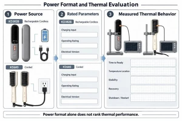 Power format and thermal evaluation Comparison diagram separating power source, rated parameters and measured thermal behavior
