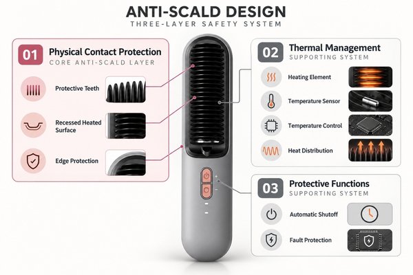 Hair straightener brush safety layers comparing protective comb geometry, thermal control and automatic shutoff functions