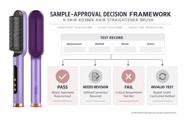 Hair straightener brush sample pass fail decision matrix Hair straightener brush sample approval matrix showing pass, revision, fail and invalid-test decisions
