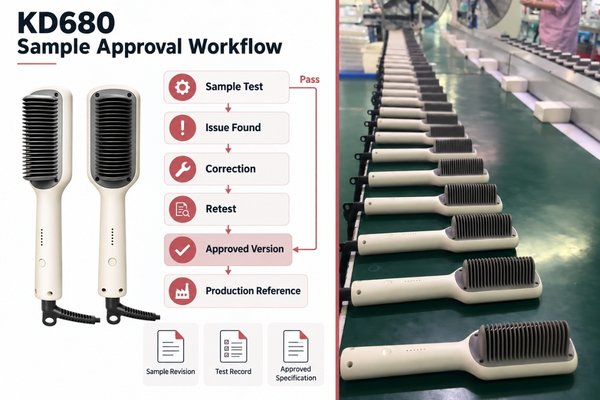 Straightener brush sample approval and retest workflow Workflow showing hair straightener brush sample test, issue correction, retest, approval and production reference control