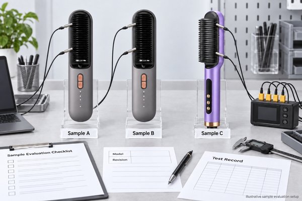 Hair straightener brush sample test before product approval Hair straightener brush samples arranged for B2B product approval with a checklist, temperature probes and test records