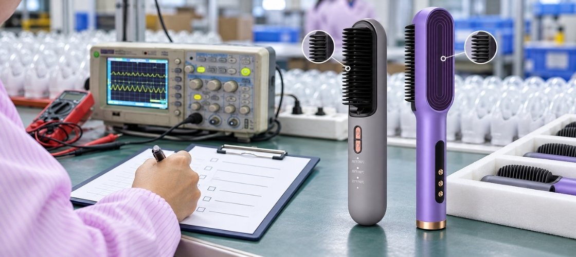Hair straightener brush sample test with KD382B and KD380K products in a B2B quality control setting