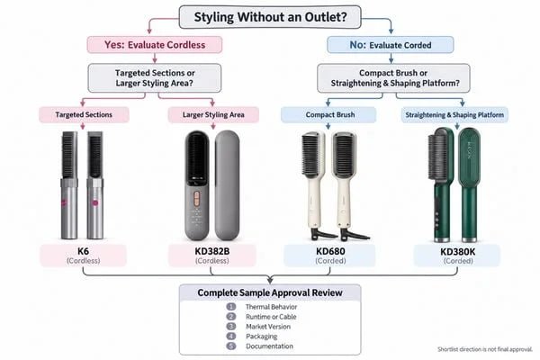 Styling brush selection and sample approval Product selection flowchart beside a sample approval checklist for cordless and corded brushes