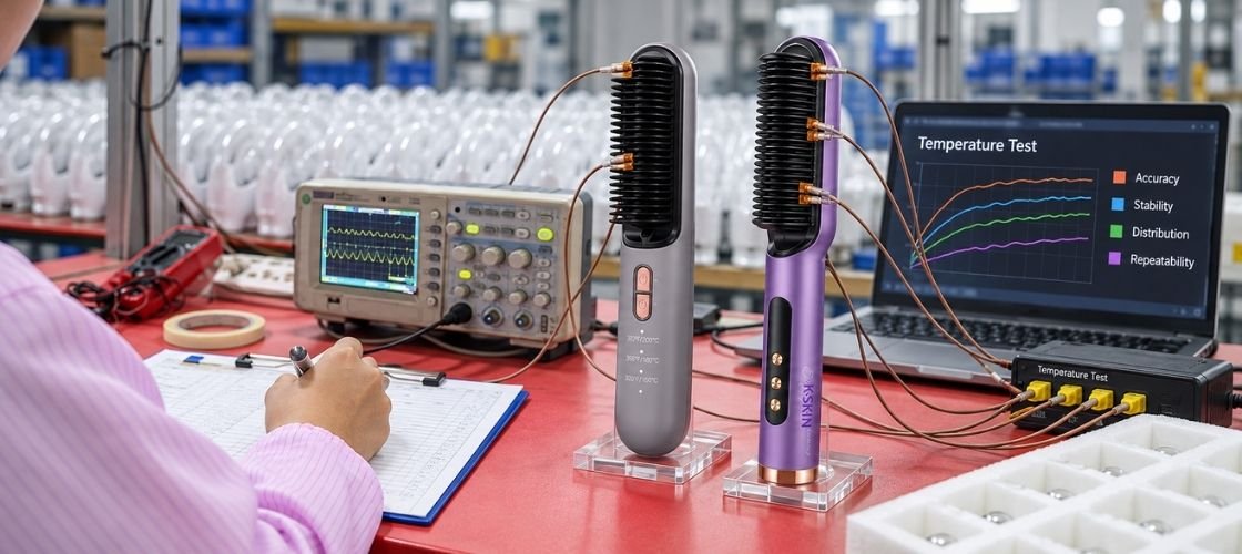 KD382B and KD380K hair straightener brushes in a temperature accuracy and stability testing environment