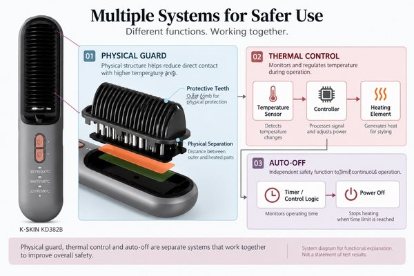 Diagram showing comb protection, temperature sensor, heater control and auto-off as separate but related straightener brush safety functions