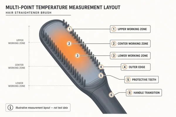 Straightener brush heat distribution test points Image showing a thermal image of a straightener brush head with center, upper, lower, edge, and handle measurement points