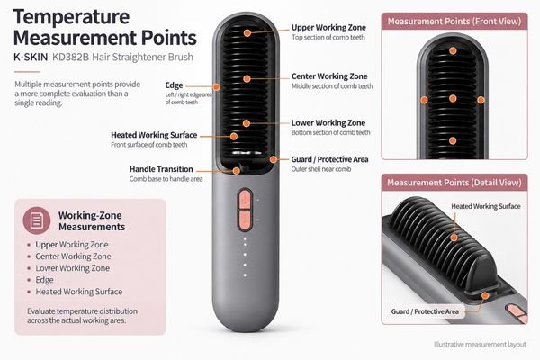 Hair straightener brush head showing fixed upper, center, lower, edge and external temperature measurement points