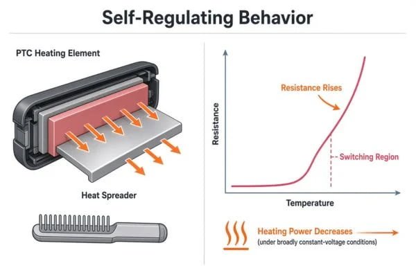 PTC heater behavior in a straightener brush Image showing a simplified PTC resistance-temperature curve beside a straightener brush heater assembly and heat-flow arrows