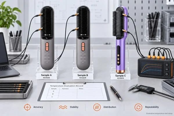 Hair straightener brush samples with fixed temperature measurement points, thermocouples and test records
