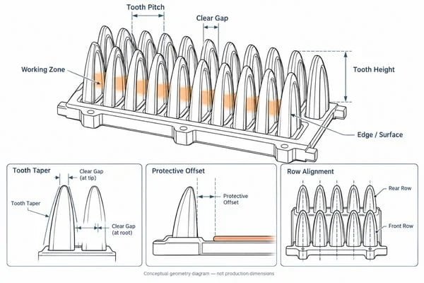 Technical diagram defining tooth pitch, clear gap, tooth height, taper, protective offset and working-zone dimensions