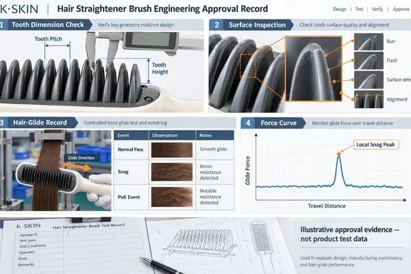 Sample approval sheet showing tooth dimensions, surface inspection, hair-glide records and a conceptual force curve