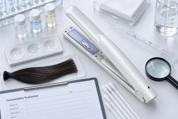 Hair treatment liquid compatibility, residue and cleaning evaluation for ultrasonic plates
