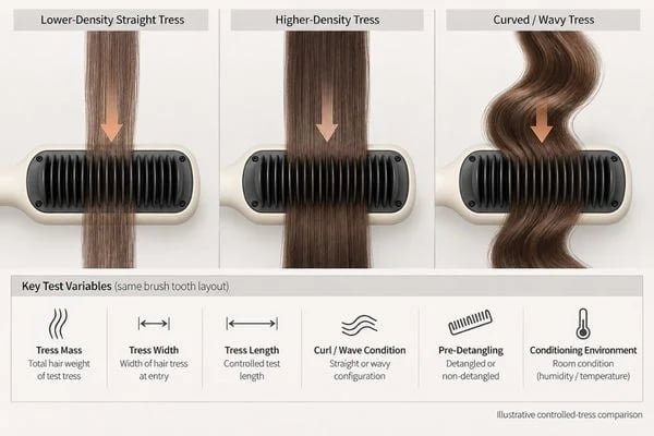 Several controlled hair tresses with different fiber characteristics passing through the same straightener brush tooth layout