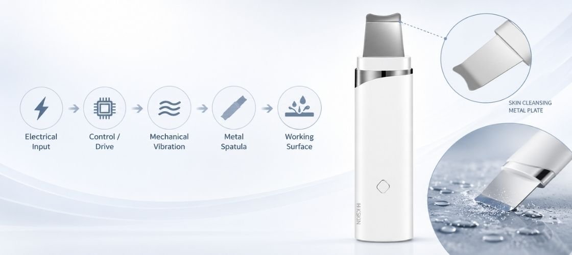 KD8023 ultrasonic skin scrubber with stainless-steel spatula in a buyer-focused technical illustration