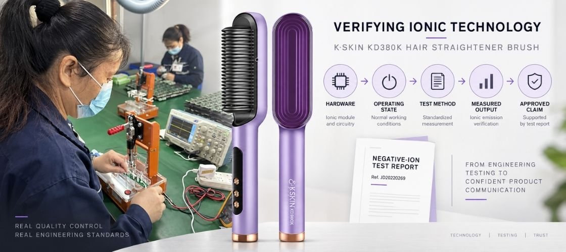 KD380K ionic hair straightener brush with hardware verification, ion output testing and claim review