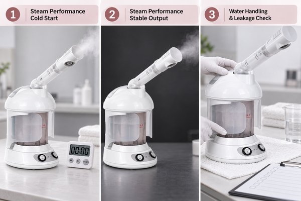 Facial steamer steam output water path leakage and droplet test setup