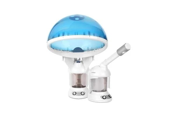 KD2328A 2-in-1 steamer shown with hair hood and facial spray attachments