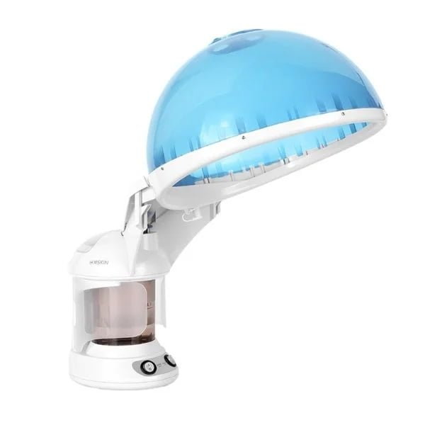 Side view of KD2328A hair steamer hood, support arm, water tank and control knobs