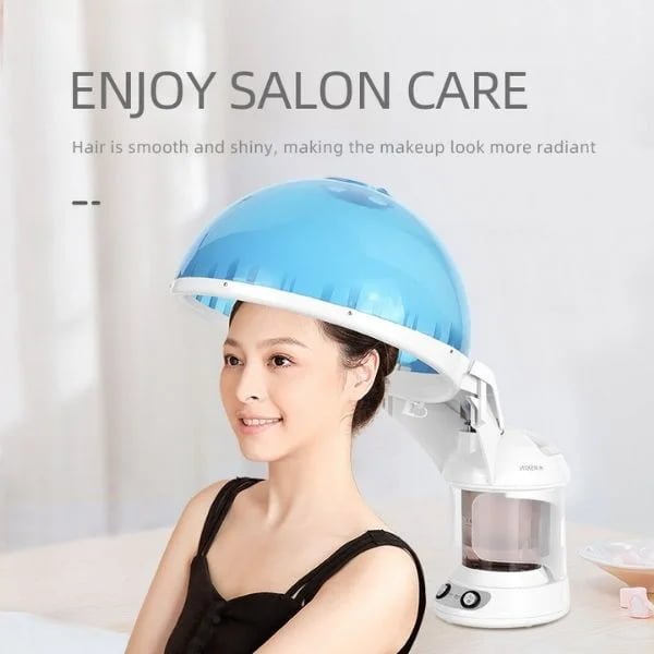 Woman using KD2328A blue hood hair steamer for salon-style hair care