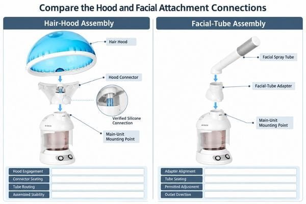 KD2328A hood connector and facial spray-tube adapter displayed as separate assemblies