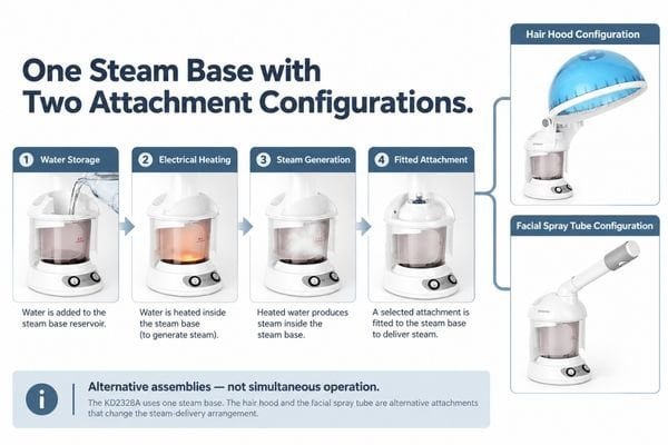 KD2328A shown in separate hair-hood and facial-spray-tube configurations