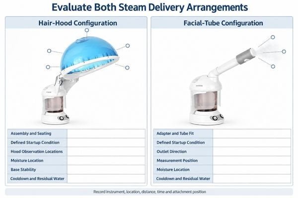 Separate sample evaluation sheets for hood steam distribution and facial-nozzle output