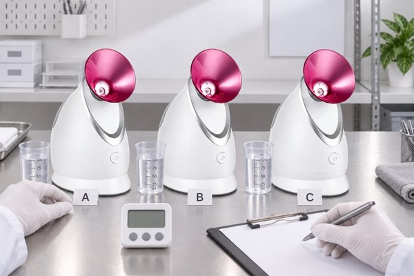 B2B buyer evaluating three facial steamer samples under identical test conditions