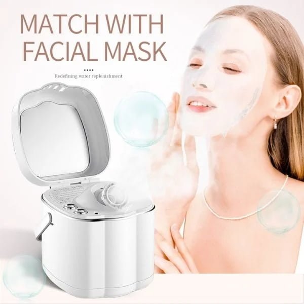 Woman using a facial mask beside the KD2332 facial steamer with visible warm mist