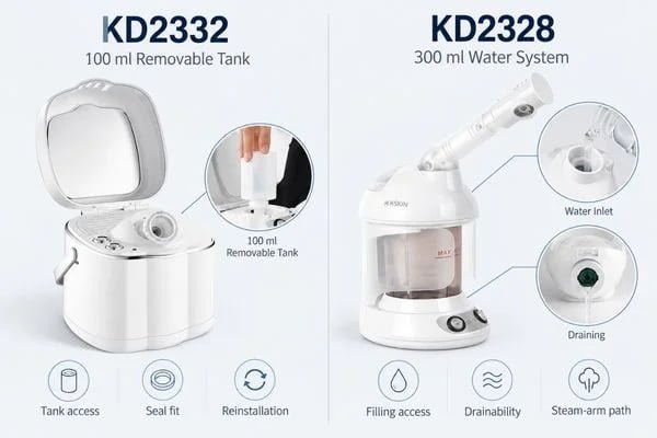 Facial steamer tank heating chamber steam outlet and drain path diagram